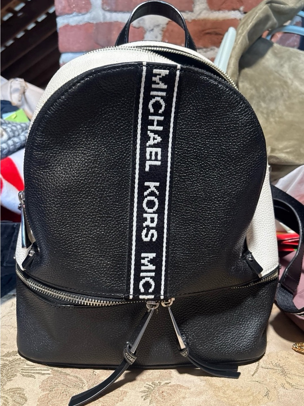Michael Kors Black and White Logo-Strip Backpack